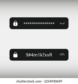 Hidden password and visible. Black frames with closed symbols with asterisks and eyes and open with written font protecting personal data from hackers and vector strangers.