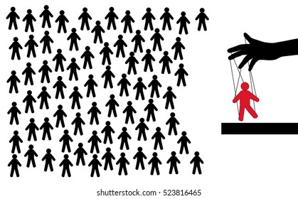 Hidden people management. Puppet in the hands of the manager. The crowd of spectators. Puppet show. Many people are looking at the stars of the show biz.