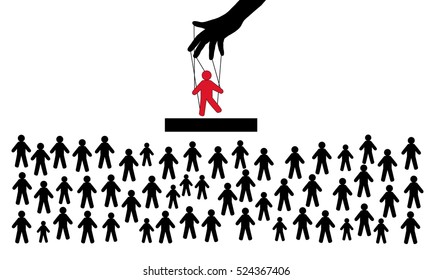 Hidden people management. Puppet in the hands of the manager. The crowd of spectators. Puppet show. Many people are looking at the stars of the show biz. vector illustration