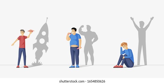 Hidden potential vector flat concept. Depression treatment, personal growth, personal coach and appetite correction characters in flat style. Love your body, make dreams come true.