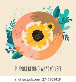 Hidden support square card, banner, hidden disability matter concept , sunflower symbol and hands,  modern vector illustration