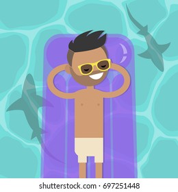 Hidden threat: shark shadows in water. Young serene character lying on the inflatable mattress. Flat editable vector illustration, clip art