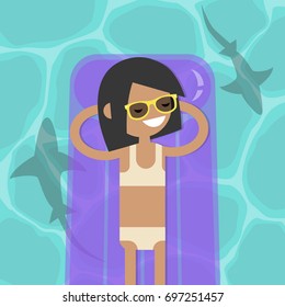 Hidden threat: shark shadows in water. Young serene female character lying on the inflatable mattress. Flat editable vector illustration, clip art