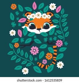 Hidden Tiger, cute animal character idea for child and kid printable stuff and t shirt, greeting card, nursery wall art, postcard