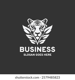 Hidden tiger head logo design vector illustration in black and white style on a black background