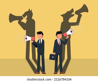Hidden truth concept.The shadow of a businessman holding a megaphone standing and shouting is a wolf