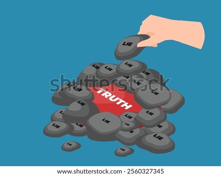 Hidden Truth Under Pile of Lies - Conceptual 3d isometric vector illustration