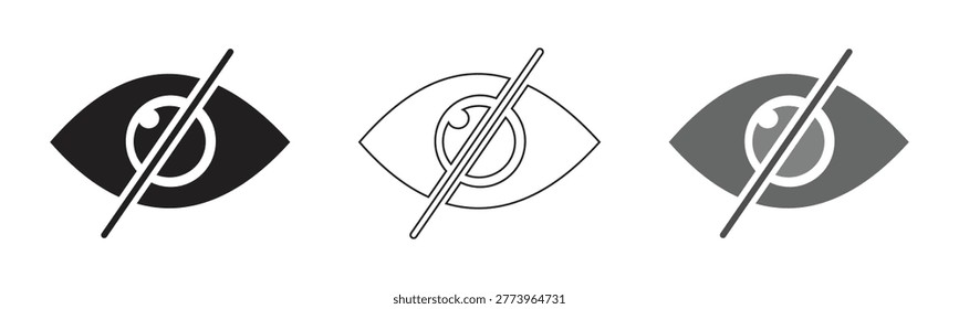 Hidden Visibility Eye Icon Set featuring Black Solid Outline and Gray Variations for Privacy Settings Data Concealment Invisible Mode User Control and Secure Interface Graphic Design Systems