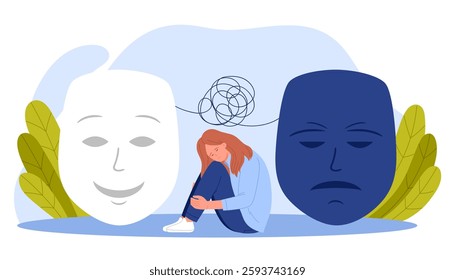 Hide depression and stress, hypocrisy in feelings, mental health problem. Tiny woman hiding chaos of scribble knots and thoughts under happy and depressed mood masks cartoon vector illustration
