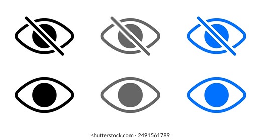 Ocultar el ojo del icono. Símbolo oculto. Signo invisible. Fuera del Botón. Pictograma invisible. Ilustración de ojo cruzado.