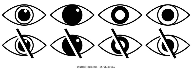  hide icon set. show and hide password vector  icon illustration eps 10. crossed out eye icon set.