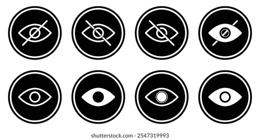Hide icon set. Show and hide password vector icon illustration. Crossed out eye icon set. Hide icon eye. Hidden symbol isolated on white background.