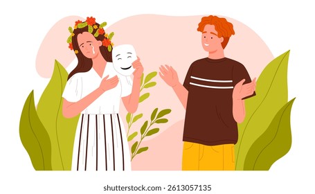 Hide real emotions and feelings in conversation, fake happy mood in dishonest talk. Sad girl with flowers on head holding mask to pretend to be happy in front of friend cartoon vector illustration