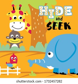 hide and seek funny animal cartoon,vector illustration