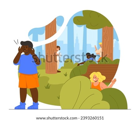 Hide and seek game concept. Boy stand with closed eyes, friends hiding in bushes and trees. Active lifestyle and leisure outdoor. Kids having fun together. Cartoon flat vector illustration
