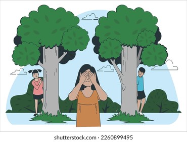 Hide and seek game. Vector illustration cartoon of children playing hide and seek in the park.
Playing game with friends outdoor in summer vacations vector illustration. Girl counting, boy try hiding