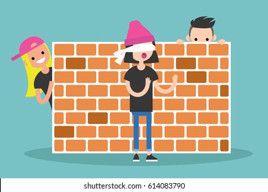 Hide and seek game. Young characters playing near by the brick wall / flat editable vector illustration, clip art