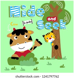 hide and seek game,funny animal cartoon,vector illustration