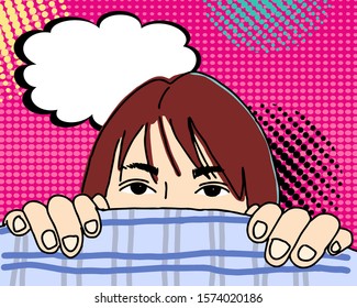 Hide and seek girl with speech bubble pop art comic background. Use for poster, banner, flyer, advertising and marketing