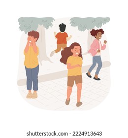 Hide and seek isolated cartoon vector illustration. Child covering eyes with hands, other children running and hiding, recess games, school break outdoors, play hide and seek vector cartoon.