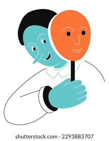 Hide your true face - colorful flat design style illustration with linear elements. Orange and light blue colored picture with cunning man with a long nose holding a mask in his hands. Deception idea