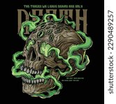 a hideous skull with open mouth and purplish green squid eyes emitting green smoke. The skull composes the head and face while protecting the brain.