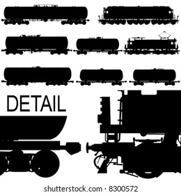 Hi-detail railway oil/gasoline tanker cars and locomotives silhouette set.