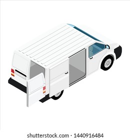 Hi-detailed Cargo Delivery Van with opened doors vector isometric view. Mockup Template for Branding and Corporate identity design on transport. Realistic White Cargo Van.