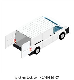 Hi-detailed Cargo Delivery Van with opened doors vector isometric view. Mockup Template for Branding and Corporate identity design on transport. Realistic White Cargo Van.