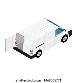 Hi-detailed Cargo Delivery Van with opened doors vector isometric view. Mockup Template for Branding and Corporate identity design on transport. Realistic White Cargo Van.
