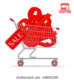 Hi-detailed vector shopping cart full of 3D red % sign, numbers 1, 2, 3, 4, 5, 6, 7, 8, 9, 0 and a sale label isolated on white with realistic shadows. Discount concept. Plus shopping logo.