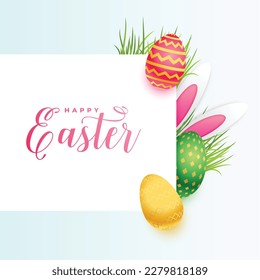 hiding bunny behind the grass and eggs easter background vector 