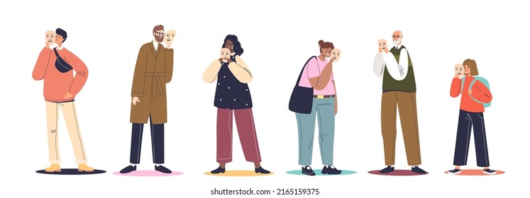 Hiding emotions cartoons set. Group of unhappy poor sad people holding face mask pretending happy and cheerful. Human real feelings. Flat vector illustration