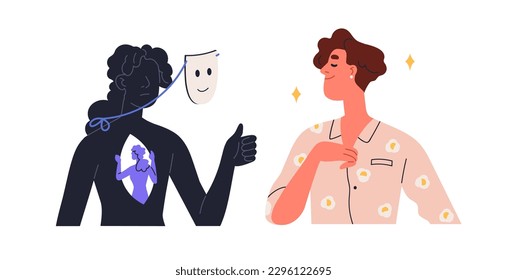 Hiding envy emotion, reaction behind fake smiling mask. Hypocrite envious jealous woman congratulating, complimenting. Hypocrisy concept. Flat graphic vector illustration isolated on white background