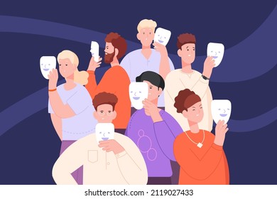 Hiding mask of group. Fake personality impostor person, liar faces, depressed man and woman sad emoticon, concept anonymity, cartoon people behind, vector illustration. Emotion mask covered