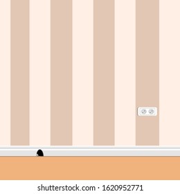 hiding mouse in the hole in the white skirting board and an euro socket on the wall, concept vector stock illustration