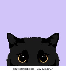 Hiding and peeking black cat with big yellow eyes. Vector illustration