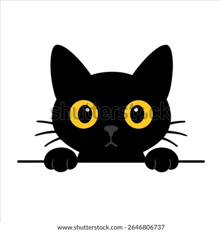 Hiding and peeking black cat with big yellow eyes. Vector art on white background