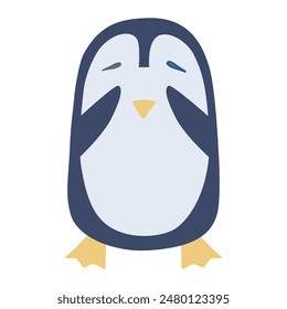 Hiding penguin with closed eyes. Cut vector character in flat hand drawn style