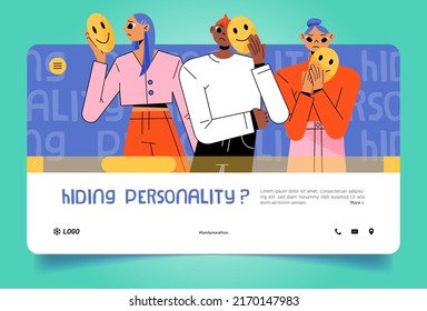 Hiding personality landing page with sad people disguise faces behind of happy masks. Impostor syndrome, hypocrisy, psychological help to men and women with identity problems, Line art flat vector