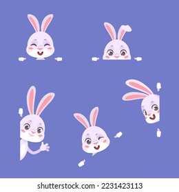 Hiding rabbits. Peeking easter rabbit, cute bunny peek from hole, cartoon animal with space for text banners border or frame in funny paw, kid boo gift pet vector illustration of rabbit animal