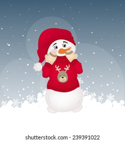 hiding snowman in a red printed pullover