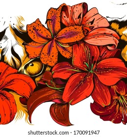 Hiding Tiger in Flowers. Lily Concept. Vector Illustration.