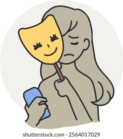 Hiding True Feelings Woman with Happy Mask Art. This graphic is perfect for discussions about mental health, social media's impact on well-being, and the importance of authenticity