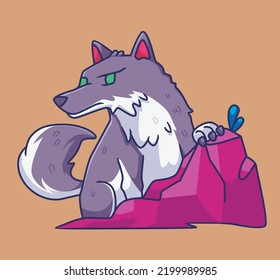 hiding wolf cartoon. Isolated animal illustration. Flat Style Sticker Icon Premium vector