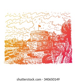 Hidirlik Tower, the historic town of Antalya, Turkey. Vector freehand pencil sketch.