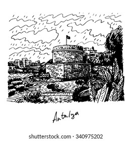 Hidirlik Tower, the historic town of Antalya, Turkey. Vector freehand pencil sketch.