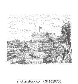 Hidirlik Tower, the historic town of Antalya, Turkey. Vector freehand pencil sketch.