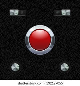 Hi-End UI Analog Red Button Chrome On Leather Background. Metal Button, Switchers, On, Off. Web Design Elements. Software Controls. Vector User Interface EPS10