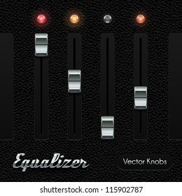 Hi-End UI Analog Volume Equalizer Level Mixer Knob Chrome On Leather Background. Metal Button, Red Lamp, Bulb. Web Design Elements. Software Controls. Vector User Interface EPS10